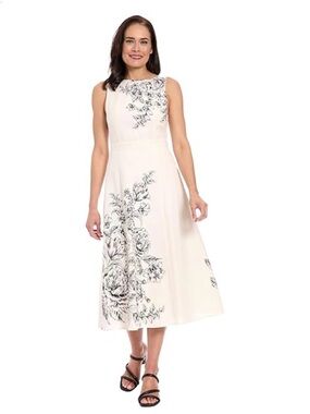 London Times Linen Blend Floral Midi Dress Ivory Black Size 12
